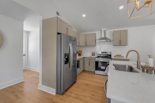 41 Trice Rd, Lebanon, TN 37087 - kitchen featuring stainless steel appliances, wall chimney range hood, a sink, backsplash, and gray cabinetry