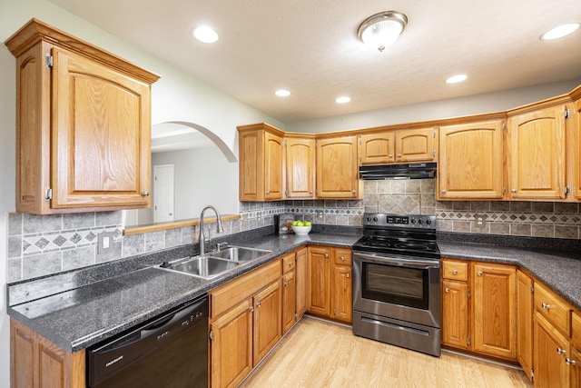 103 Alice Smith Dr, Portland, TN 37148 - kitchen with stainless steel electric range, dishwasher, a sink, under cabinet range hood, and light wood-style flooring