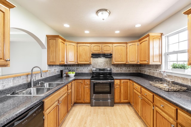 103 Alice Smith Dr, Portland, TN 37148 - kitchen featuring stainless steel electric range, exhaust hood, dishwasher, a sink, and light wood-type flooring