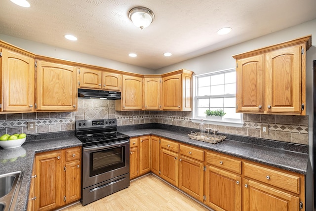 103 Alice Smith Dr, Portland, TN 37148 - kitchen featuring electric stove, under cabinet range hood, light wood-type flooring, dark countertops, and backsplash