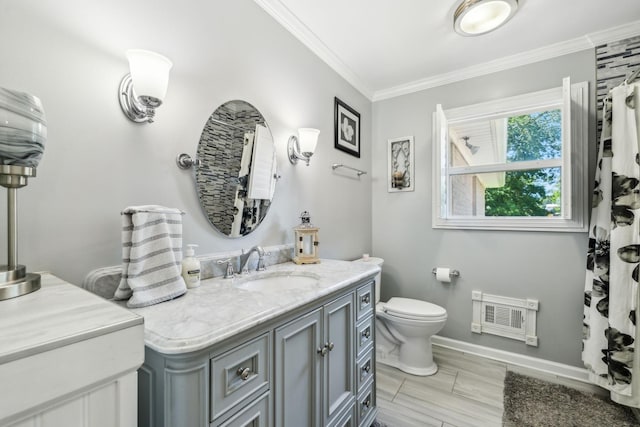 101 Townview Dr, Smyrna, TN 37167 - bathroom with vanity, toilet, crown molding, baseboards, and heating unit