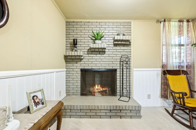 101 Townview Dr, Smyrna, TN 37167 - carpeted living area with a wainscoted wall and a fireplace