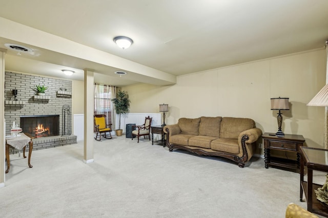 101 Townview Dr, Smyrna, TN 37167 - living room featuring light carpet and a brick fireplace