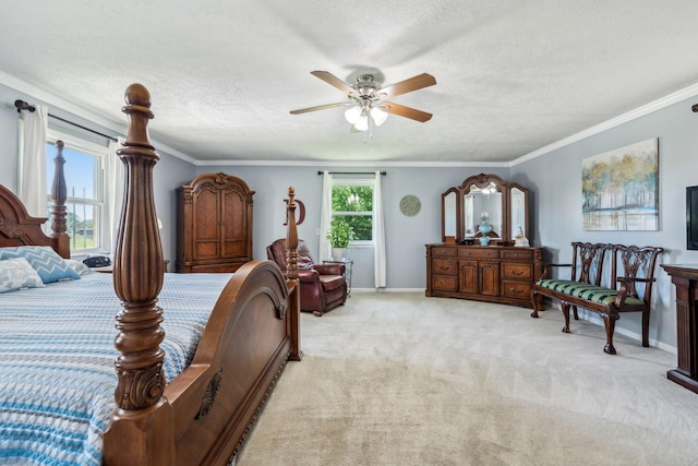 101 Townview Dr, Smyrna, TN 37167 - bedroom with light carpet, a textured ceiling, crown molding, baseboards, and ceiling fan