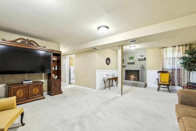 101 Townview Dr, Smyrna, TN 37167 - carpeted living room featuring a wainscoted wall and a fireplace
