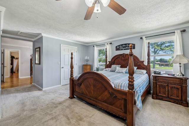101 Townview Dr, Smyrna, TN 37167 - bedroom with light colored carpet, a textured ceiling, ceiling fan, crown molding, and baseboards