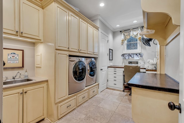 1120 Natchez Valley Ln, Franklin, TN 37064 - washroom with washing machine and clothes dryer, cabinet space, crown molding, recessed lighting, and a desk