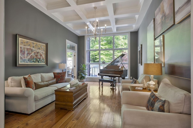 1120 Natchez Valley Ln, Franklin, TN 37064 - living area featuring hardwood / wood-style floors, beam ceiling, a chandelier, coffered ceiling, and healthy amount of natural light