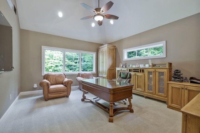 1120 Natchez Valley Ln, Franklin, TN 37064 - home office with ceiling fan, lofted ceiling, light colored carpet, and baseboards