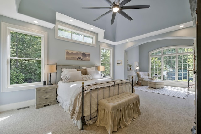 1120 Natchez Valley Ln, Franklin, TN 37064 - carpeted bedroom with recessed lighting, arched walkways, baseboards, a towering ceiling, and ceiling fan