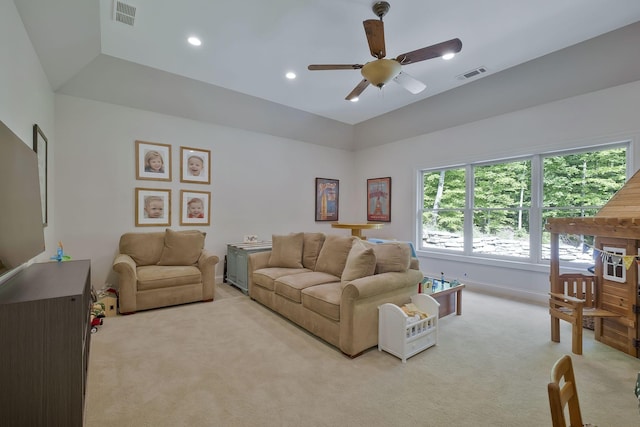 1120 Natchez Valley Ln, Franklin, TN 37064 - living area featuring light carpet, a ceiling fan, recessed lighting, and baseboards