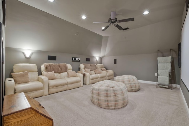1120 Natchez Valley Ln, Franklin, TN 37064 - carpeted cinema with lofted ceiling, a ceiling fan, baseboards, and recessed lighting