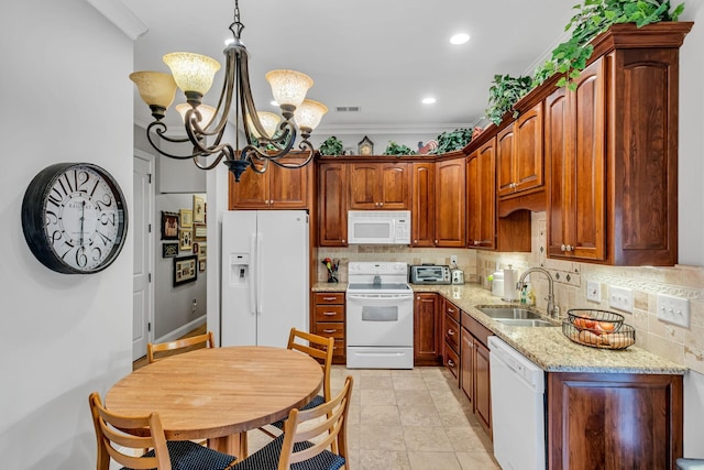 1120 Natchez Valley Ln, Franklin, TN 37064 - kitchen with white appliances, a chandelier, a sink, decorative backsplash, and light stone counters