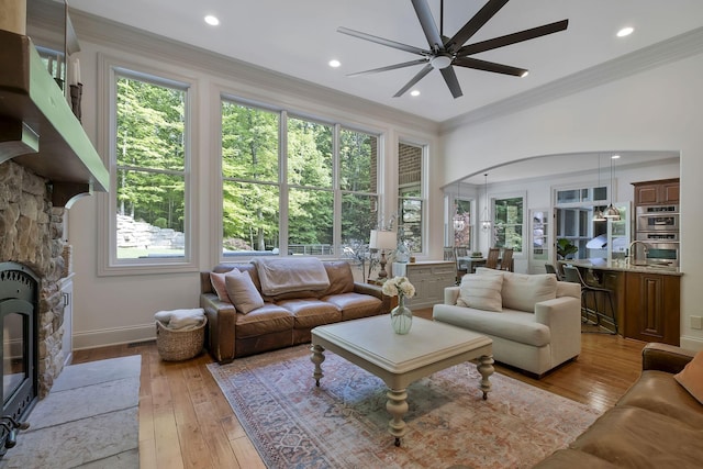 1120 Natchez Valley Ln, Franklin, TN 37064 - living room featuring a ceiling fan, crown molding, light wood finished floors, healthy amount of natural light, and a fireplace