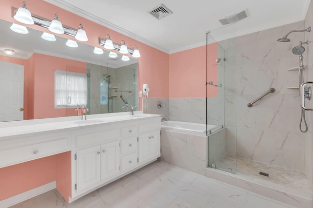 906 Knight Cir, Murfreesboro, TN 37129 - full bath featuring a garden tub, marble look tile flooring, a marble finish shower, double vanity, and ornamental molding