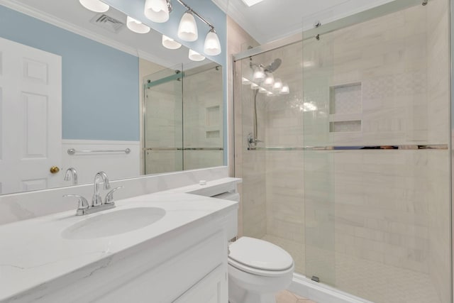 906 Knight Cir, Murfreesboro, TN 37129 - bathroom featuring ornamental molding, vanity, a stall shower, and toilet