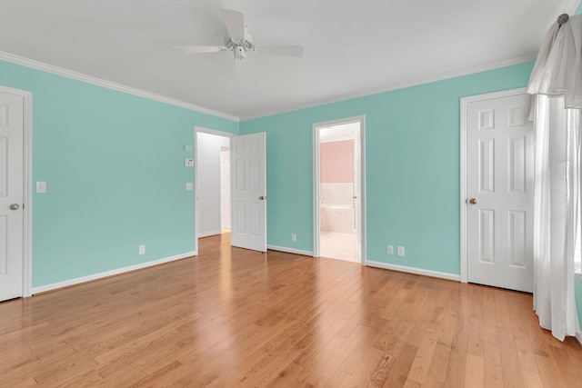 906 Knight Cir, Murfreesboro, TN 37129 - unfurnished bedroom with ornamental molding, light wood finished floors, baseboards, ensuite bath, and ceiling fan