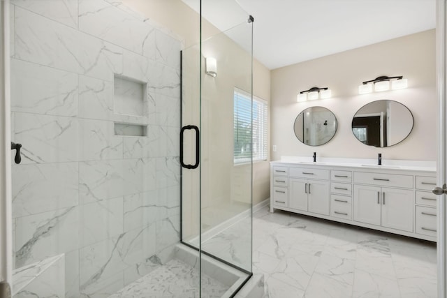 1120 Banbury Ln, Brentwood, TN 37027 - full bath with a marble finish shower, double vanity, marble finish floors, and baseboards