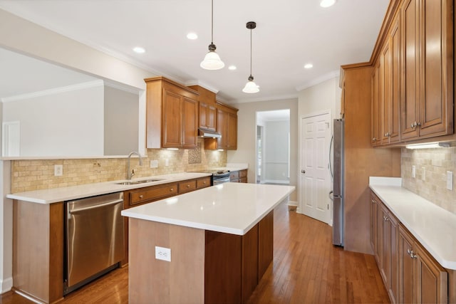 1120 Banbury Ln, Brentwood, TN 37027 - kitchen featuring a sink, stainless steel appliances, under cabinet range hood, a kitchen island, and tasteful backsplash