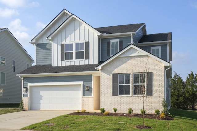 118 W Cassa Way, Mount Juliet, TN 37122 - craftsman house featuring board and batten siding, an attached garage, driveway, a front lawn, and brick siding