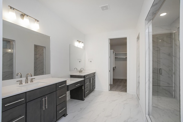 118 W Cassa Way, Mount Juliet, TN 37122 - full bathroom with marble look tile flooring, a marble finish shower, two vanities, a spacious closet, and baseboards