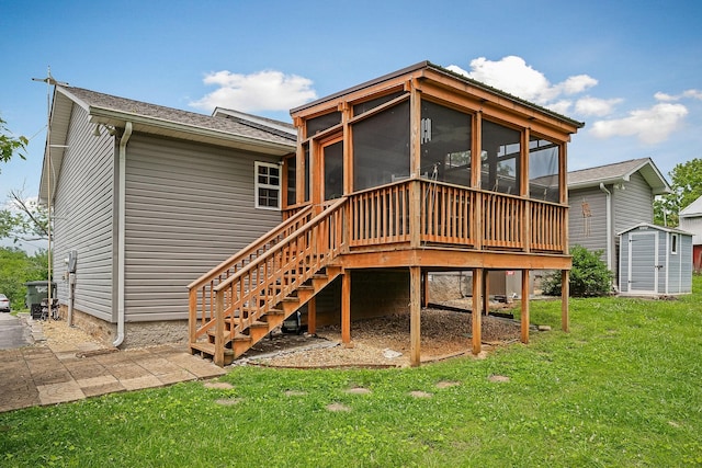 24 Hillcrest Dr, Sparta, TN 38583 - rear view of house with a sunroom, a yard, stairway, and a shingled roof