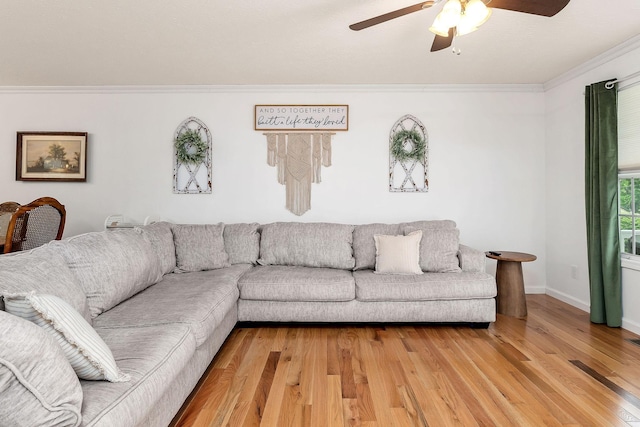 24 Hillcrest Dr, Sparta, TN 38583 - living room featuring ornamental molding, ceiling fan, light wood finished floors, and baseboards