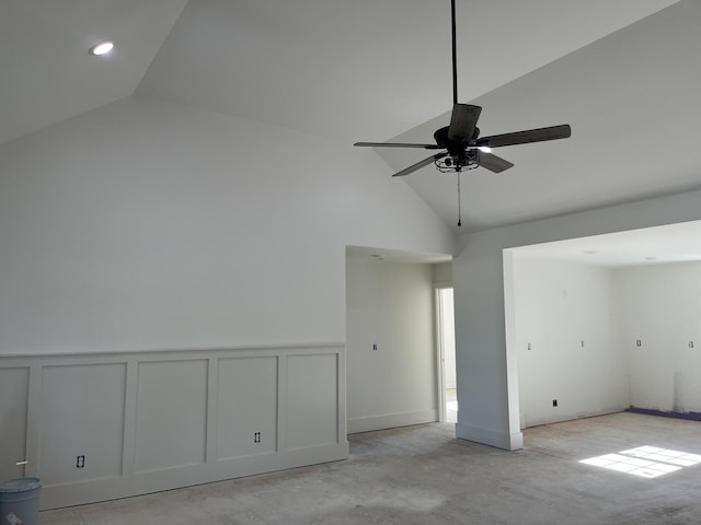 52 Hickman Hwy, Gordonsville, TN 38563 - unfurnished room featuring a ceiling fan, a decorative wall, wainscoting, and high vaulted ceiling