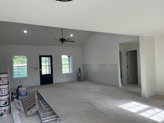 52 Hickman Hwy, Gordonsville, TN 38563 - unfurnished living room with vaulted ceiling, healthy amount of natural light, a ceiling fan, recessed lighting, and baseboards