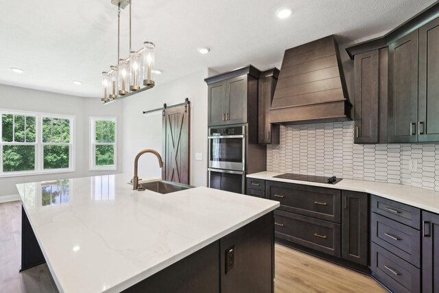 1373 Southside Rd, Southside, TN 37171 - kitchen with premium range hood, stainless steel double oven, black electric stovetop, a sink, and a barn door