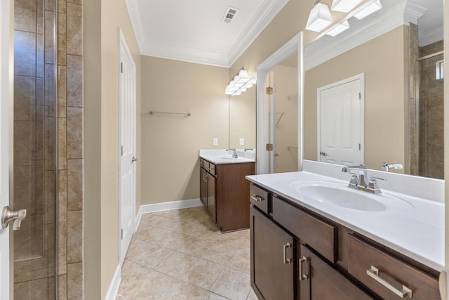3216 Saltville Aly, Nolensville, TN 37135 - bathroom with crown molding, two vanities, a stall shower, tile patterned floors, and baseboards