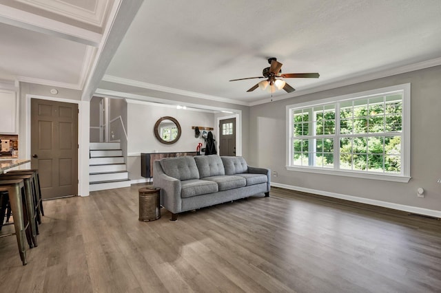 1430 Blythe Ferry Rd NE, Cleveland, TN 37312 - living area with a ceiling fan, stairs, wood finished floors, crown molding, and baseboards