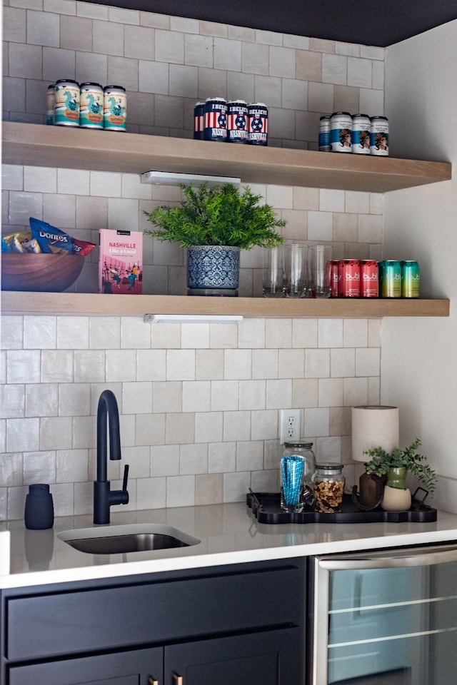 326A E Trinity Ln, Nashville, TN 37207 - kitchen featuring wine cooler, open shelves, a sink, decorative backsplash, and gray cabinetry
