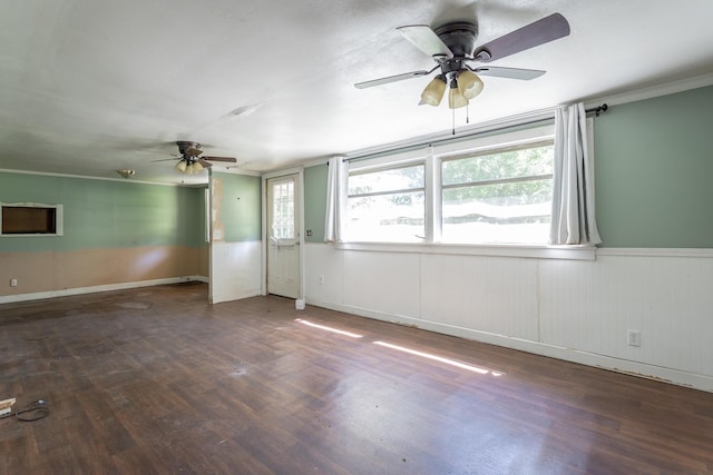 117 Westbrook Ave, Soddy Daisy, TN 37379 - unfurnished room featuring ceiling fan, wood finished floors, a wainscoted wall, and ornamental molding