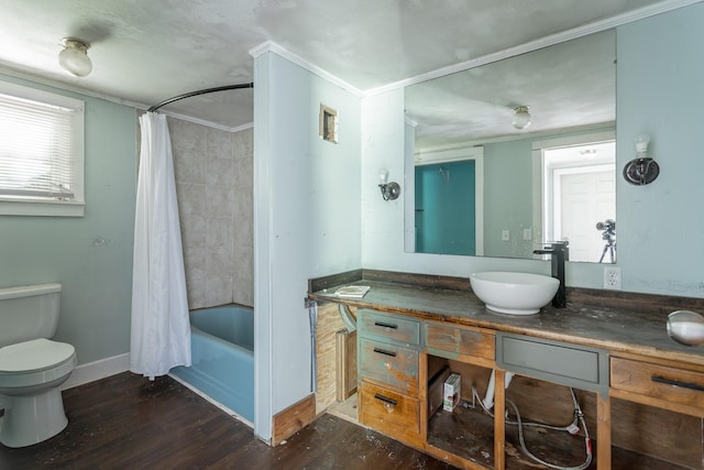 117 Westbrook Ave, Soddy Daisy, TN 37379 - bathroom with vanity, wood finished floors, toilet, shower / tub combo, and crown molding