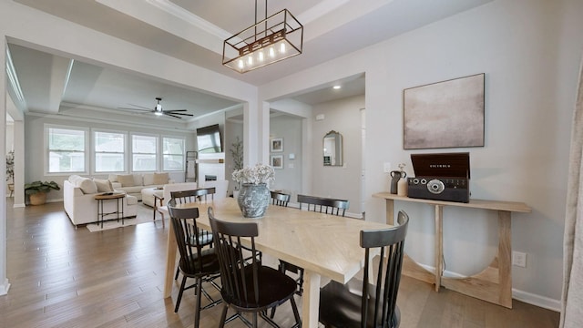 6614 Floral Ct, Murfreesboro, TN 37128 - dining room featuring a tray ceiling, wood finished floors, a ceiling fan, ornamental molding, and baseboards