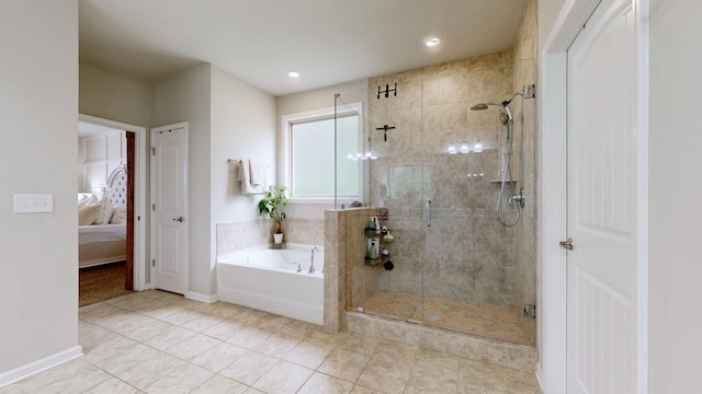 6614 Floral Ct, Murfreesboro, TN 37128 - bathroom featuring a bath, connected bathroom, a shower stall, tile patterned floors, and recessed lighting