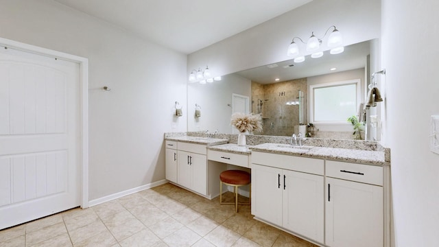 6614 Floral Ct, Murfreesboro, TN 37128 - full bath with a stall shower, two vanities, tile patterned flooring, and baseboards