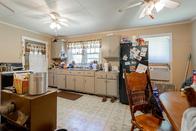 119 Westbrook Ave, Soddy Daisy, TN 37379 - kitchen with a ceiling fan, freestanding refrigerator, ornamental molding, a sink, and light countertops