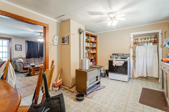 119 Westbrook Ave, Soddy Daisy, TN 37379 - kitchen with range with electric cooktop, ceiling fan, light floors, and ornamental molding