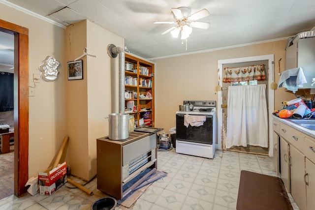 119 Westbrook Ave, Soddy Daisy, TN 37379 - kitchen with electric stove, light floors, ceiling fan, ornamental molding, and light countertops