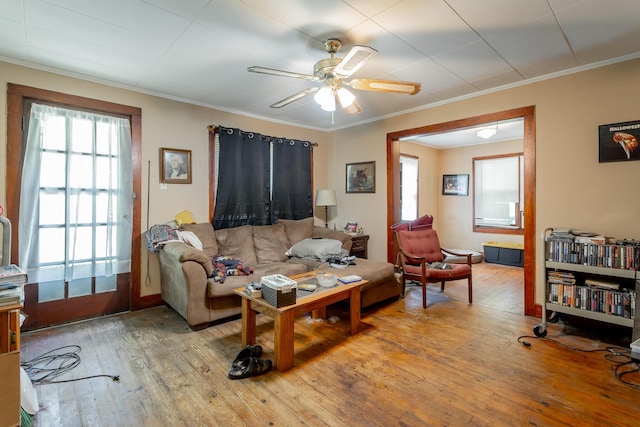 119 Westbrook Ave, Soddy Daisy, TN 37379 - living room featuring plenty of natural light, hardwood / wood-style flooring, crown molding, and a ceiling fan