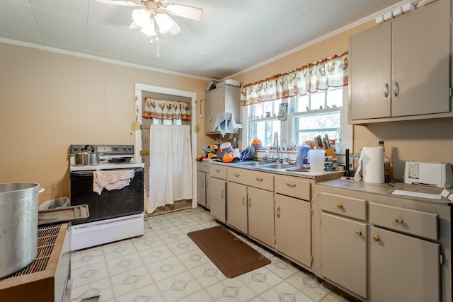 119 Westbrook Ave, Soddy Daisy, TN 37379 - kitchen with electric range, a sink, crown molding, ceiling fan, and tile countertops