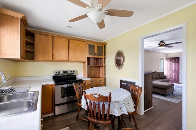 7464 Harrington Pl, Lyles, TN 37098 - kitchen with stainless steel range with electric cooktop, open shelves, ceiling fan, a sink, and ornamental molding
