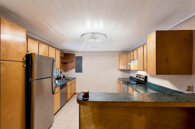 7464 Harrington Pl, Lyles, TN 37098 - kitchen with stainless steel appliances, dark countertops, under cabinet range hood, and a peninsula