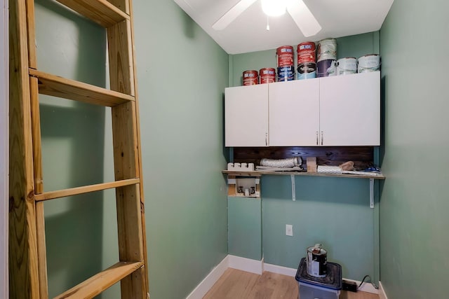 7464 Harrington Pl, Lyles, TN 37098 - laundry area featuring hookup for a washing machine, wood finished floors, ceiling fan, cabinet space, and baseboards