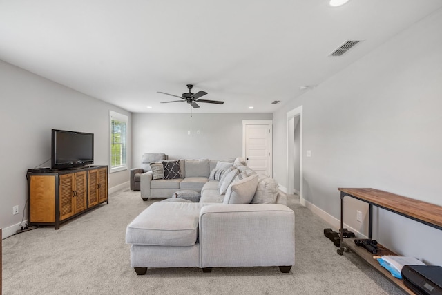 8035 Auburntown Rd, Auburntown, TN 37016 - living area featuring recessed lighting, light carpet, a ceiling fan, and baseboards