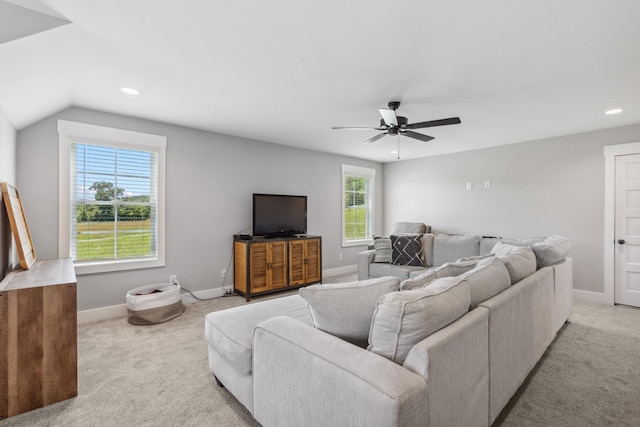 8035 Auburntown Rd, Auburntown, TN 37016 - living room with light carpet, baseboards, recessed lighting, ceiling fan, and vaulted ceiling
