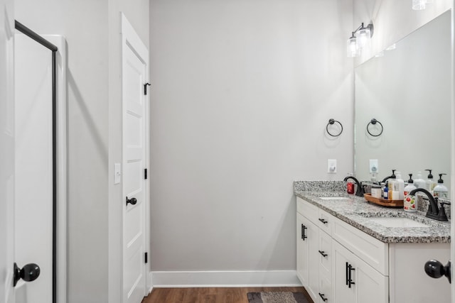 8035 Auburntown Rd, Auburntown, TN 37016 - bathroom featuring wood finished floors, double vanity, baseboards, and an enclosed shower