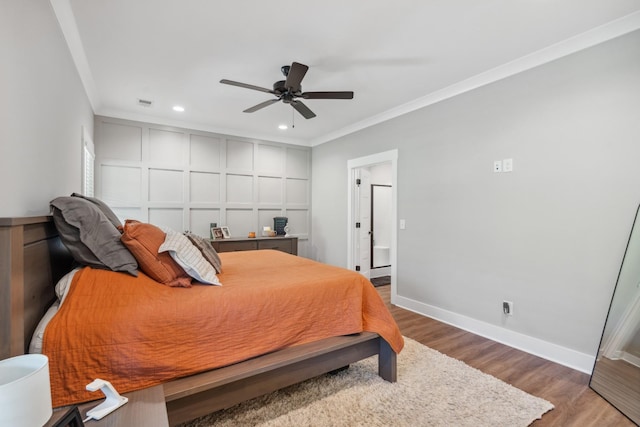 8035 Auburntown Rd, Auburntown, TN 37016 - bedroom featuring ornamental molding, wood finished floors, baseboards, recessed lighting, and a ceiling fan